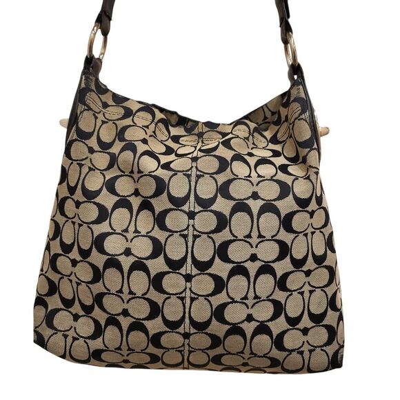 Coach Penelope Hobo Shoulder Bag Signature C Tan Trim Canvas Black Leather Flaws - Picture 1 of 16